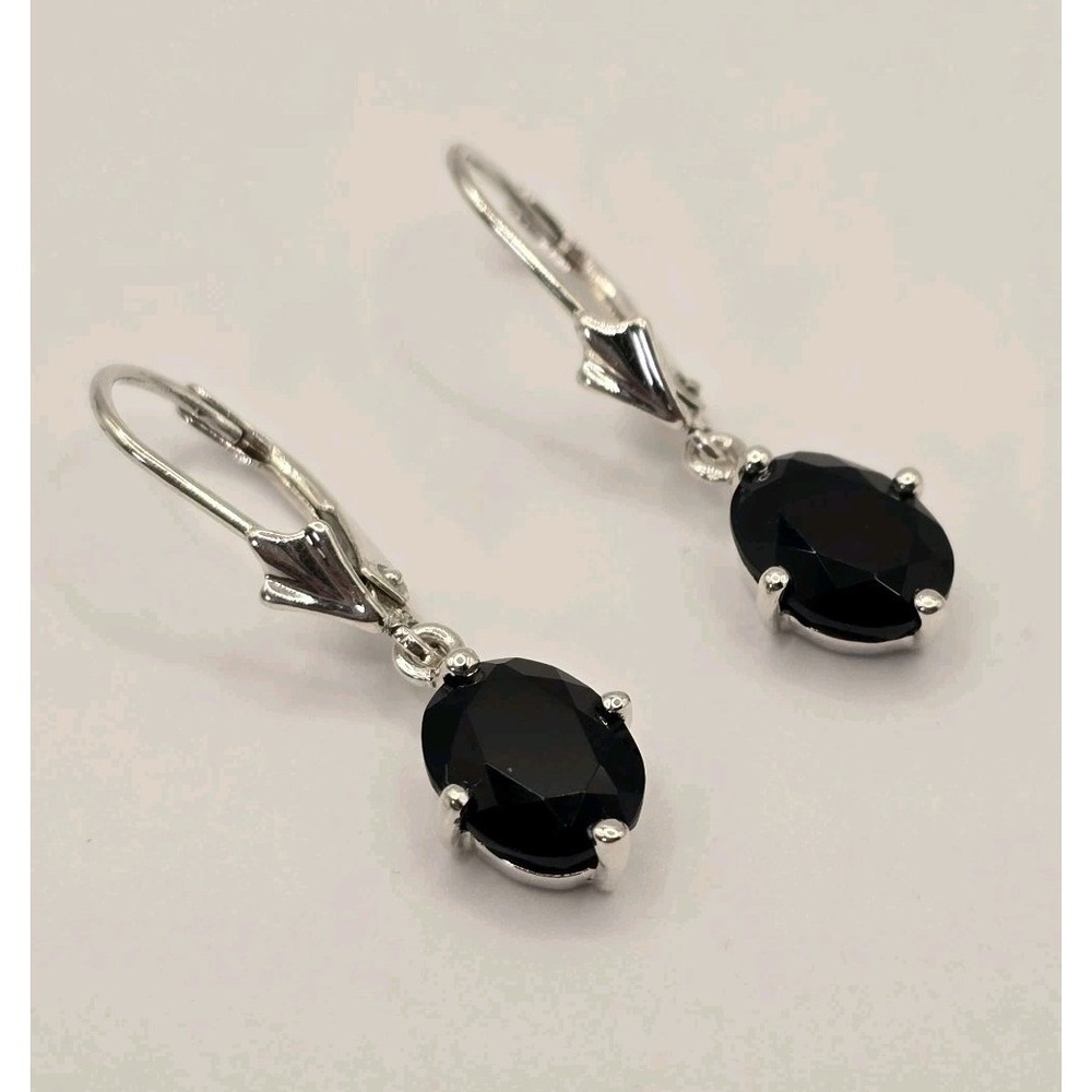 Sterling Silver Black Faceted Oval Drop Earrings Marked 925 Hong Kong 2.11g